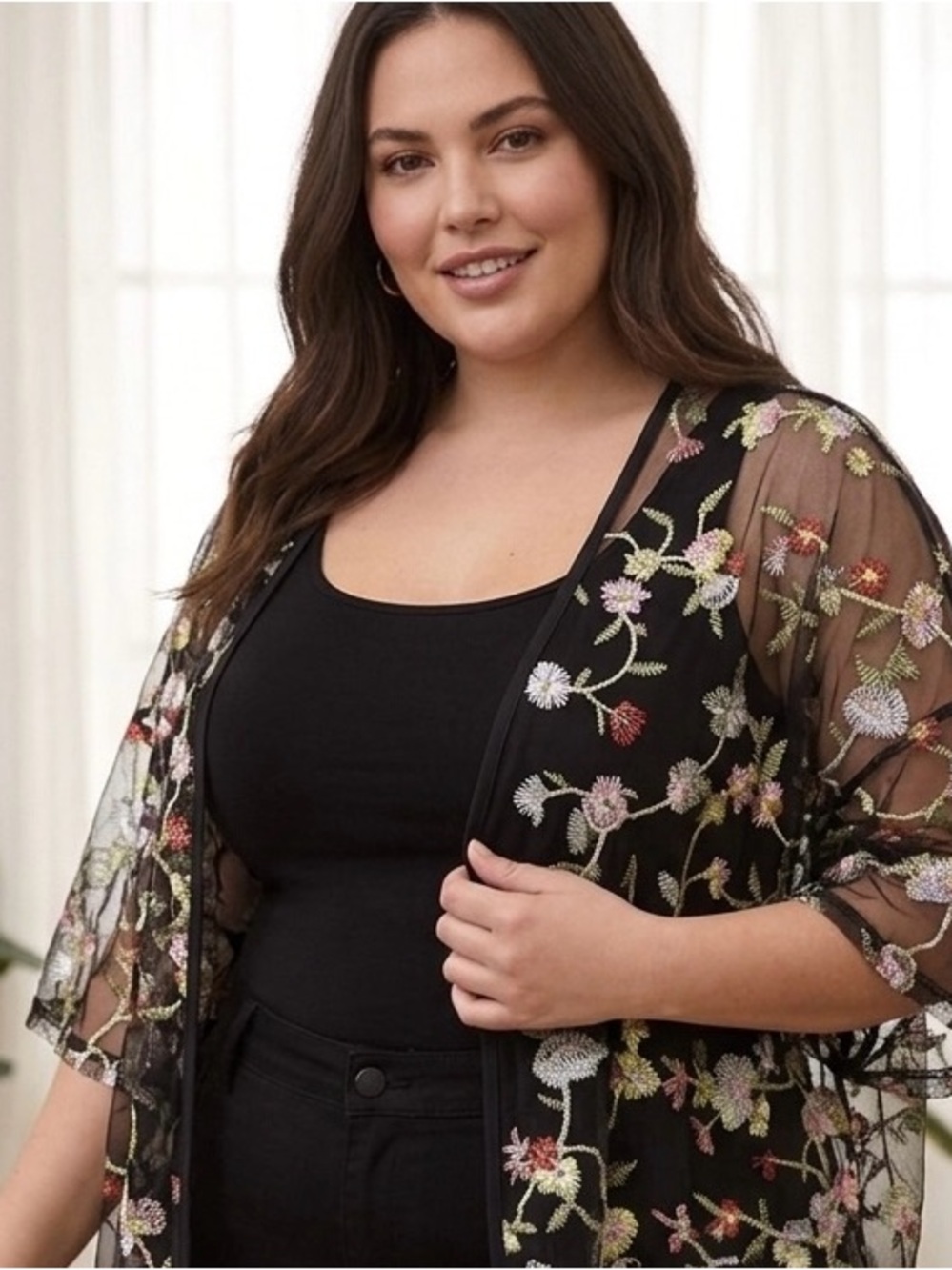 Floral Embroidered Sheer Kimono - Picture 1 of 4